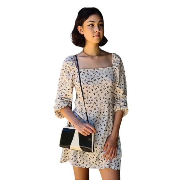 Cotton On M Ivory Floral Long Sleeve Square Neckline Mini Dress - Picture 6 of 14